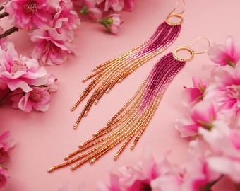 Peach, Rose & Bronze Seed Bead Fringe Earrings