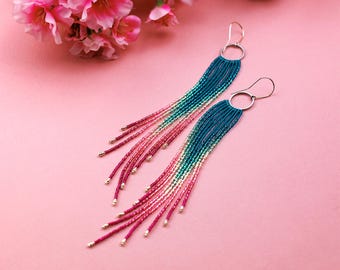 Turquoise Pink Beaded Fringe Earrings - Ombre Long Fringe Lightweight Handmade Gradient Earrings - Perfect Gift for Her - Teal Earrings