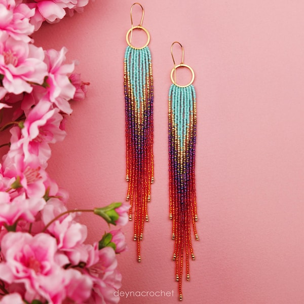 Turquoise, Pink & Gold Handmade Beaded Fringe Earrings