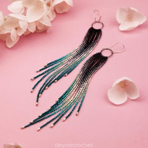 Black, Teal, Silver Handmade Beaded Fringe Earrings