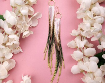 Olive Gold Beaded Earrings Lightweight Earrings Seed Bead Earrings Earthy Tones Jewelry White Bead Earrings Gift for Her