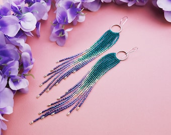 Turquoise Violet Beaded Fringe Earrings - Ombre Long Fringe Lightweight Handmade Gradient Earrings - Perfect Gift for Her - Teal Earrings