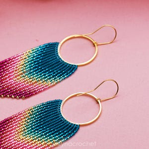 Turquoise Pink Beaded Fringe Earrings - Ombre Short Fringe Lightweight Handmade Gradient Earrings - Perfect Gift for Her - Teal Earrings
