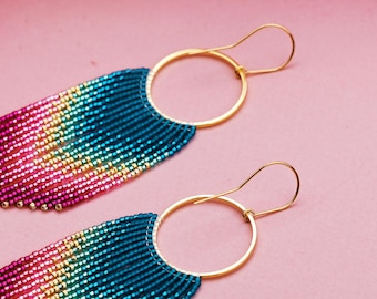 Turquoise Pink Beaded Fringe Earrings - Ombre Short Fringe Lightweight Handmade Gradient Earrings - Perfect Gift for Her - Teal Earrings