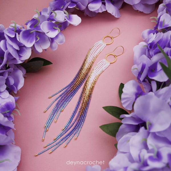 Handgemaakte ombre-kralenoorbellen met franje, goud, violet en blauw