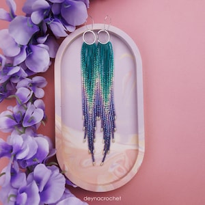 Turquoise Violet Beaded Fringe Earrings: Handmade Ombre Teal Jewelry