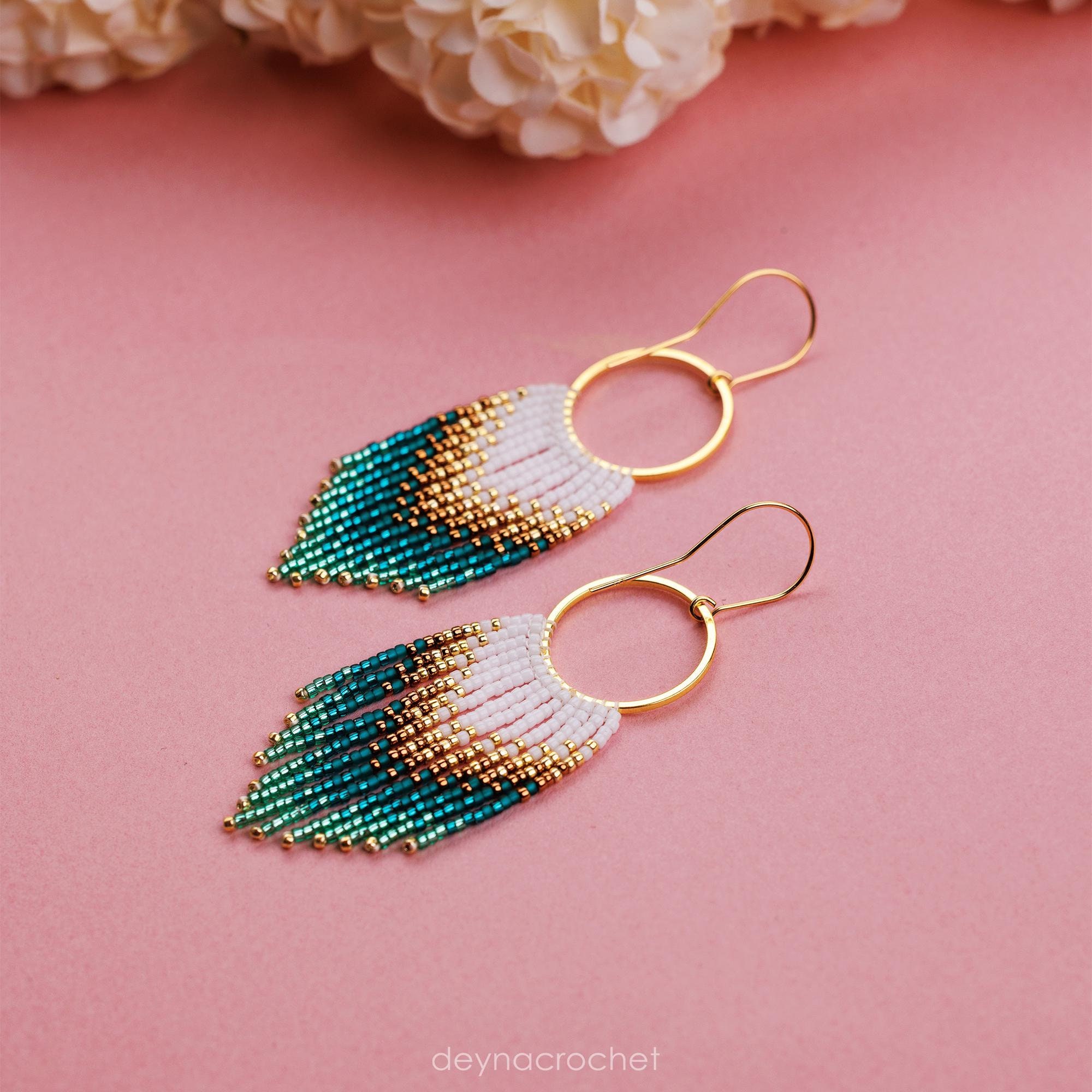 Gold White and Azure Beaded Earrings - Ombre Short Fringe Lightweight Handmade Gradient Earrings - Perfect Gift for Her - Turquoise Earrings