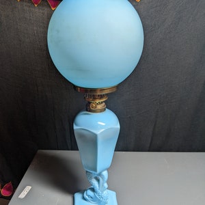FREE SHIPPING- Antique French Blue Glass Oil Lamp with Hurricane Shade. Braided Wick. Asian Dolphin Fish. See Below re: Condition.