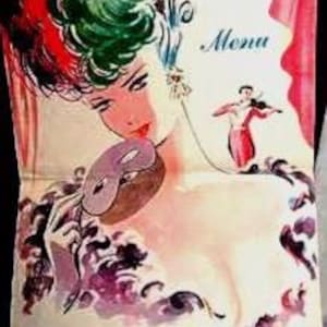 May include: Vintage menu cover for Billy Rose's Diamond Horseshoe, featuring a watercolor illustration of a woman with elaborate hair and a mask. A violinist is depicted on her shoulder. The menu title is in elegant script, with the venue name at the bottom.
