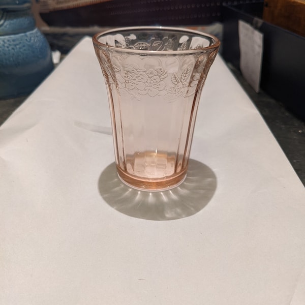 FREE SHIPPING-Vintage Pink Elegant Depression Glass Juice Glass with Paneled Sides and Cherries. See Below for important info: