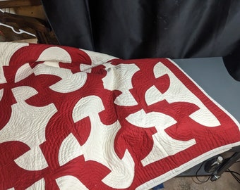 FREE SHIPPING- Vintage Handmade Crimson Red and White Quilt. Drunkard's Path Pattern.