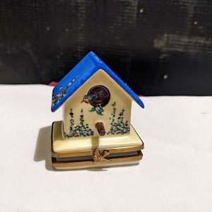 FREE SHIPPING-  Lovely Hand Painted & Signed Limoges Bird House Trinket Box with Hinged Base. See Below.