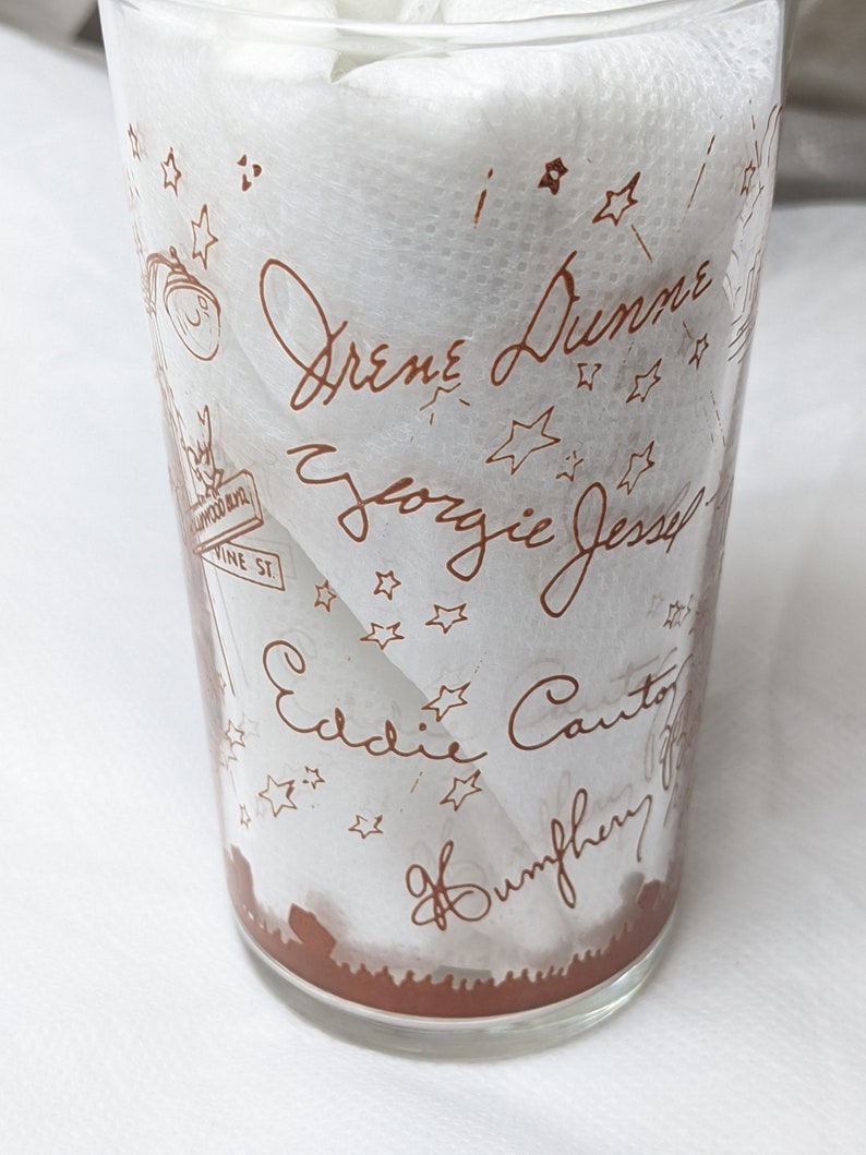 See Item Description FREE SHIPPING #6:Brown Design.Vintage Rare Libbey Glass Tumbler with Autographs of Hollywood Icons /& Iconic Landmarks