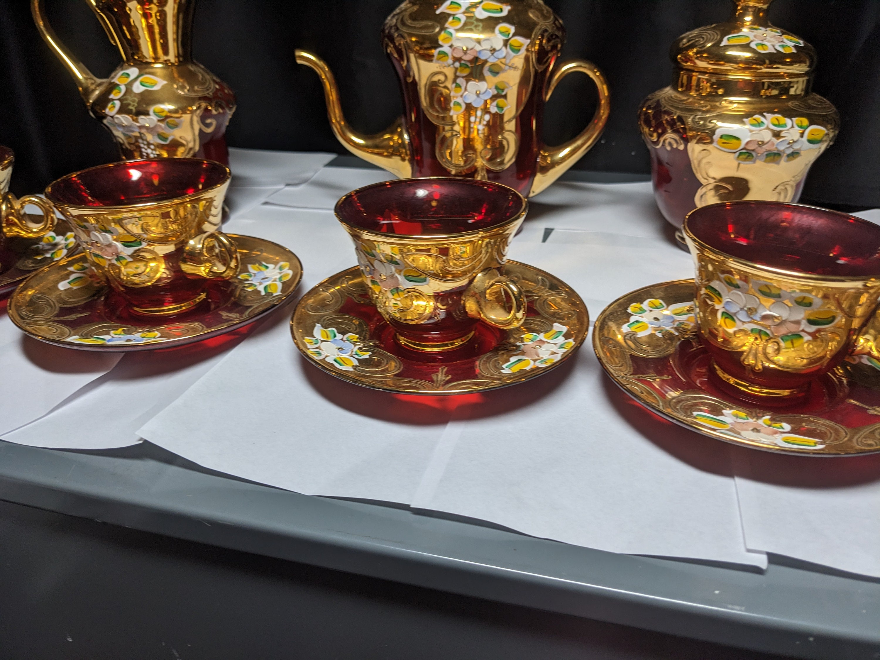MURANO　 イタリア製 ティーセット Vintage Venetian Murano Cranberry Glass HandPainted 24k Gold