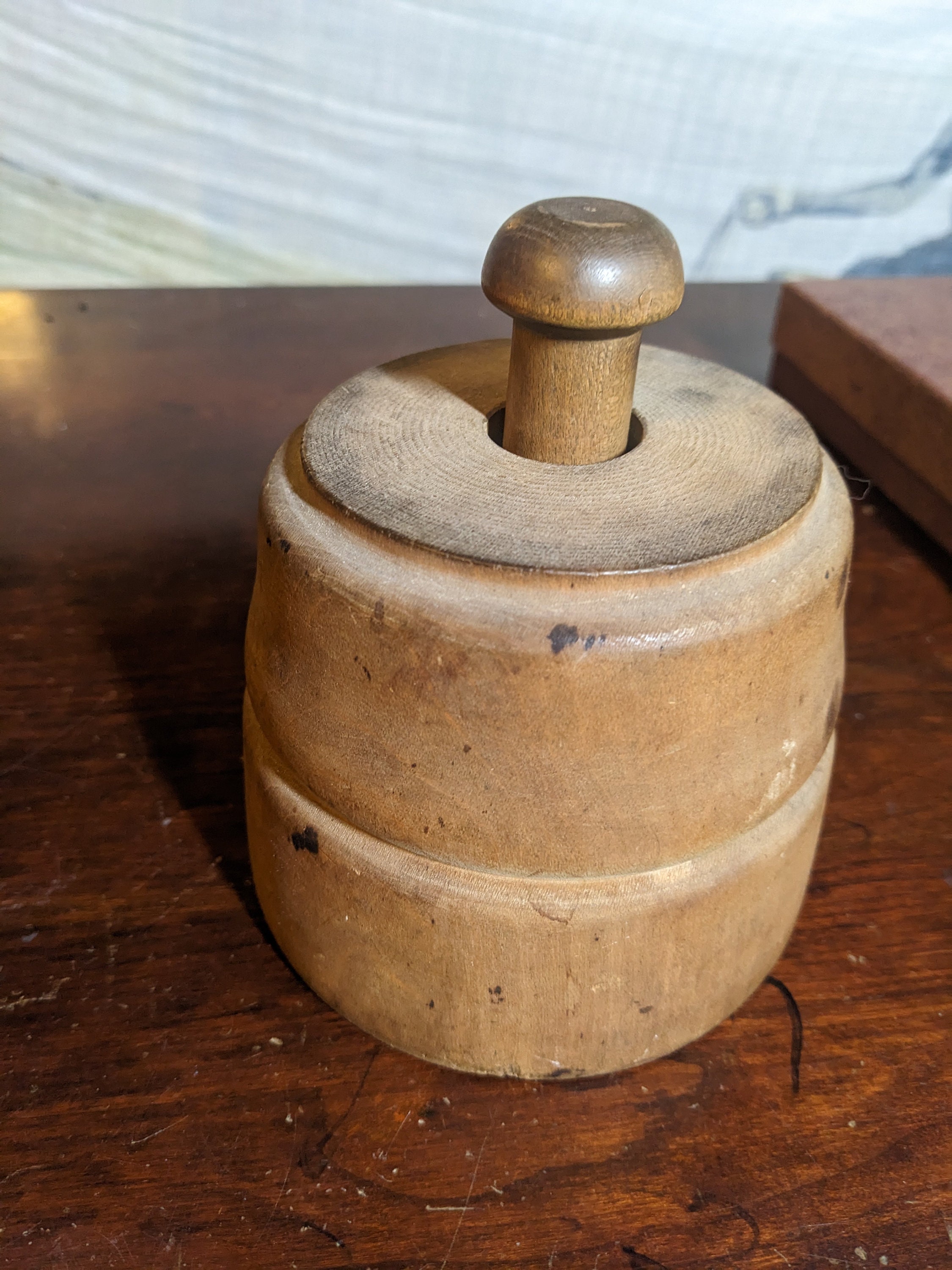 Hard Carved Wooden Round Plunger Butter Mold Assorted Patterns Large 1 oz