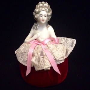 FREE SHIPPING-Darling-Vintage-Austrian-Art Deco-Porcelain-Lady Figural-Pin Cushion