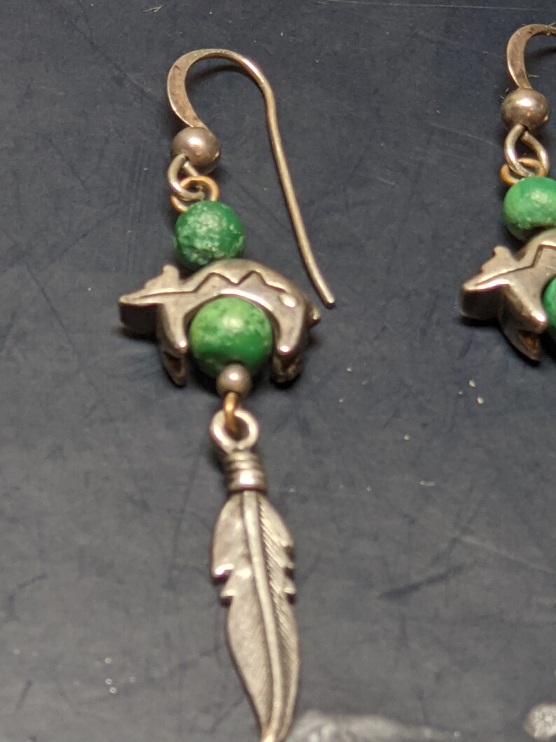 Bear with Feather Pierced Earrings FREE SHIPPING Vintage Sterling Silver Native American Inspired Earrings with Rough Cut Turquoise Beads