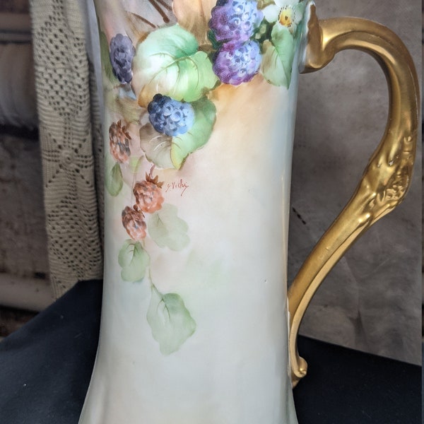 FREE SHIPPING-Antique Exceptional Genori Italian Porcelain Pitcher. Signed & Hand Painted with Gilt Accents.  Read the Item Description!