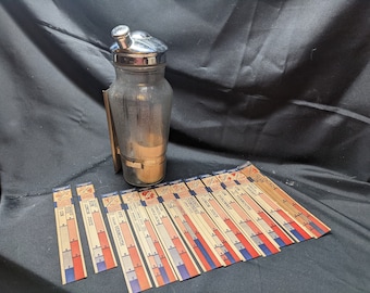 FREE SHIPPING-Vintage 1930's Cheeri-o Glass Cocktail Shaker with Chrome Lid & 12- Recipe Cards in Holder. See Item Description