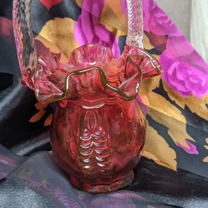FREE SHIPPING-Vintage Fenton Art Glass. Cranberry Basket with Clear Twisted Handles.