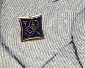 FREE SHIPPING- Vintage 14 kt Yellow Gold American Institute of Electrical Engineers (AIEE) Badge Pin with Royal Blue Enameled Background.