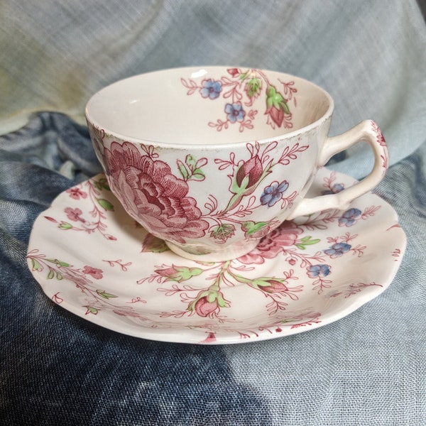 FREE SHIPPING-- Vintage Johnson Bros. Earthenware Tea Cup with Matching Saucer. Rose Chintz Pattern. See Below for more details.