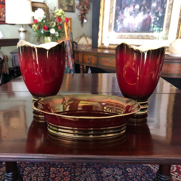 FREE SHIPPING-Three Piece-English-Carlton Ware-Rouge Royale-Console Set