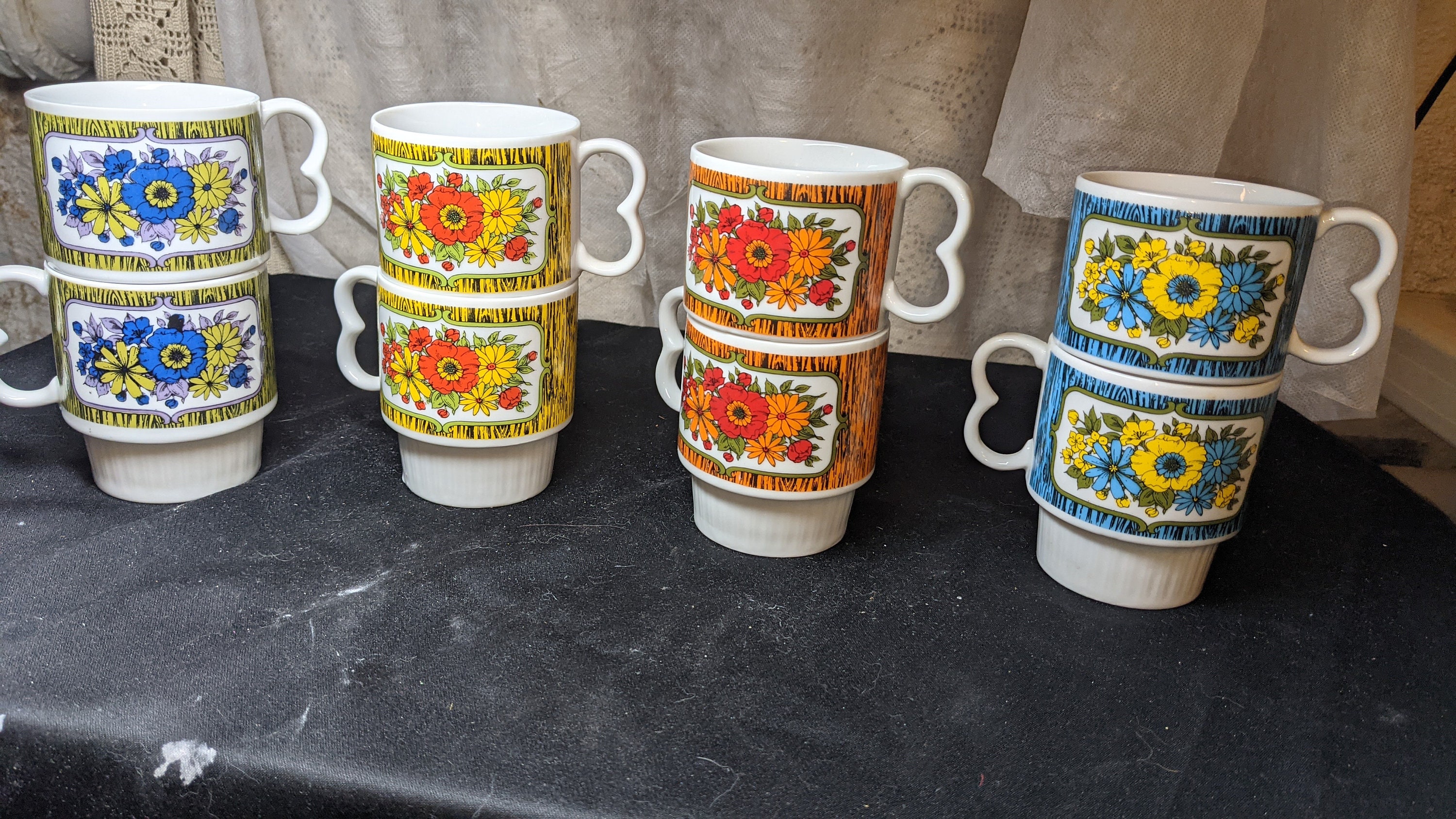 Vintage Ceramic Floral Stacking Mugs, Two Finger Handles