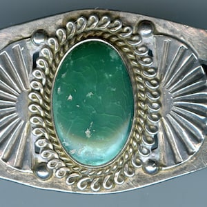 FREE SHIPPING-Vintage-1940&#39;s-Fred Harvey-Era-Green-Cerillos-Turquoise-Sterling-Silver-Cuff-Bracelet-Signed-Native American-South West