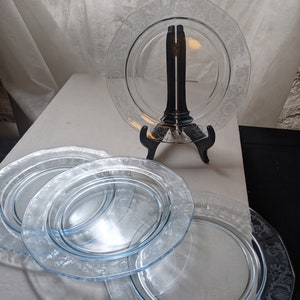 FREE SHIPPING- Vintage Fostoria Versailles Blue Acid Etched Elegant Depression Glass. 4 Luncheon/Salad Plates. See Item Description.