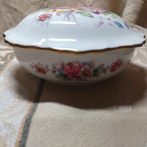 FREE SHIPPING- Royal Crown Derby Fine Bone China- Surrey Shape- Derby Posies- Covered Round Trinket Dish with Scalloped, Gold Banded Lid