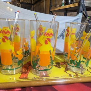 FREE SHIPPING- Vintage Southwestern style Barware Set. 6- Flat glass Tumblers, 6- Glass Stir Spoons & Matching Tray. See Below!
