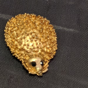 FREE SHIPPING- Vintage Gold Tone Brooch Hedgehog  Pin with Jet Black Rhinestone Eyes. 1-1/2&quot;L