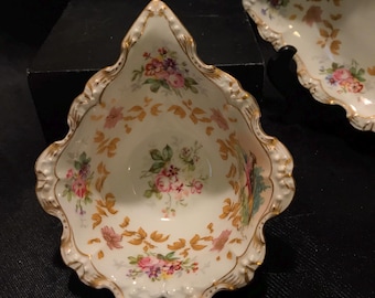 FREE SHIPPING - Antique Limoges Flambeau Mayonnaise Serving Dish with Matching UnderPlate. Multi Colored Flowers with Gold Accents.