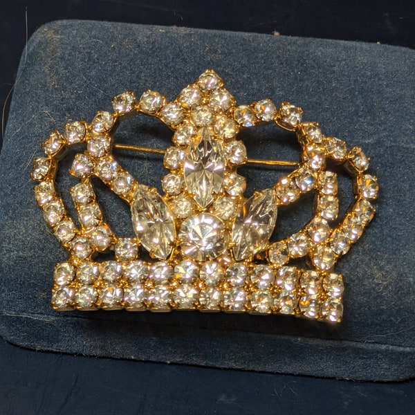 FREE SHIPPING- Vintage Gold Tone Crown Shaped Brooch Encrusted with Clear Crystal Gemstones . See Item Description for more info