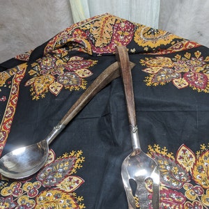 FREE SHIPPING-Vintage Salad Fork and Spoon Serving Utensil Set with Wooden Handles and Sterling Silver. Made in Mexico circa 1930&#39;s