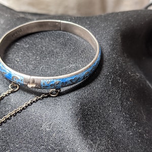 FREE SHIPPING- Vintage Sterling Silver Bangle Bracelet with Blue Enameling. Dancing Siam Goddess Nielloware. See Item Description!