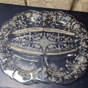 FREE SHIPPING-  Vintage Cambridge Glass Rose Point Clear 5-Sectioned Relish Dish and Etched Roses.  See Item Description Below!