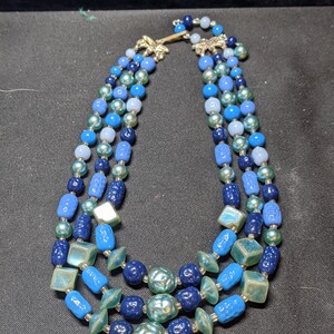 FREE SHIPPING- Vintage Triple Strand Beaded Necklace. Marked West Germany. Blue Glass Beads. See Item Description