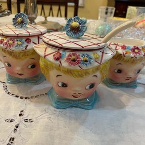 FREE SHIPPING-Lefton- Miss Dainty-Creamer-Covered Sugar bowl-Covered Jam/Jelly Bow with spoon