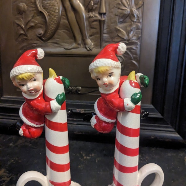 FREE SHIPPING- Vintage Lipper and Mann Candy cane with Pixi Huggers Shaped Ceramic Salt & Pepper Shaker Set. See notes below for info.