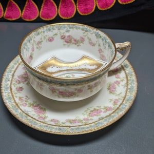 FREE SHIPPING- Antique Hand Painted Haviland Limoges Moustache Cup and Saucer with Gold Border, Pink Rosettes & Light Blue Banding.