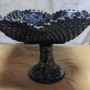 FREE SHIPPING- Vintage Black Glass Compote with White Confetti Swirl and Diamond Point Motif. L.E. Smith
