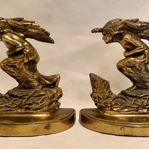 Vintage-1930&#39;s-Rare-Bronze-Art Deco-High Style-Native American-Scouting Indian-Bookends