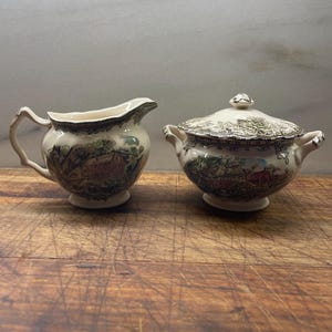 FREE SHIPPING-English Johnson Brothers-Friendly Village-Creamer and Covered Sugar Bowl