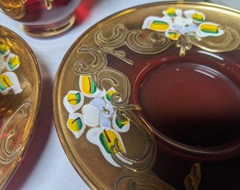 MURANO　 イタリア製 ティーセット Vintage Venetian Murano Cranberry Glass HandPainted 24k Gold