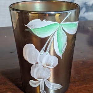 FREE SHIPPING- Vintage Blue Carnival Glass Juice Tumbler with Hand Painted Cherries.#A- Northwood Glass. See Below