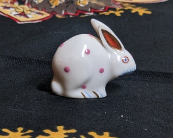 FREE SHIPPING- Vintage, Adorable! Herend Hand Painted Miniature Porcelain Bunny Rabbit with Pink Polka Dots and Gold Accent.