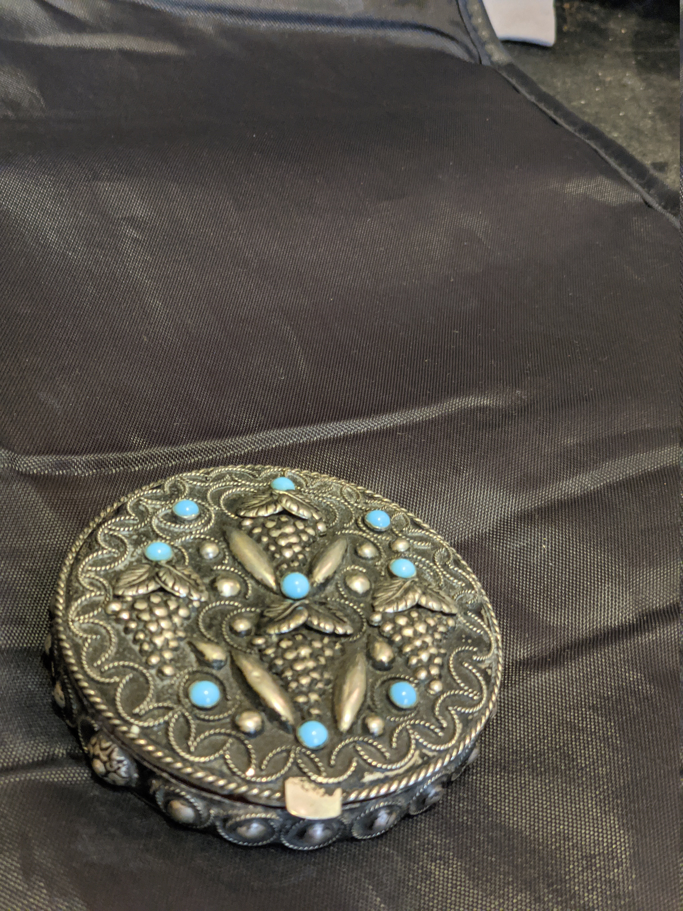 FREE SHIPPING- Vintage Sterling Silver 3"d Mirrored Germaine Montiel Compact with Inset Turquoise. * See Below for important info