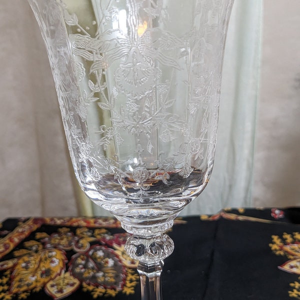 FREE SHIPPING-Vintage Heisey Needle Etched Orchid Pattern 10 oz. Stemmed Water Goblet with Paneled Sides and Optic Stem.